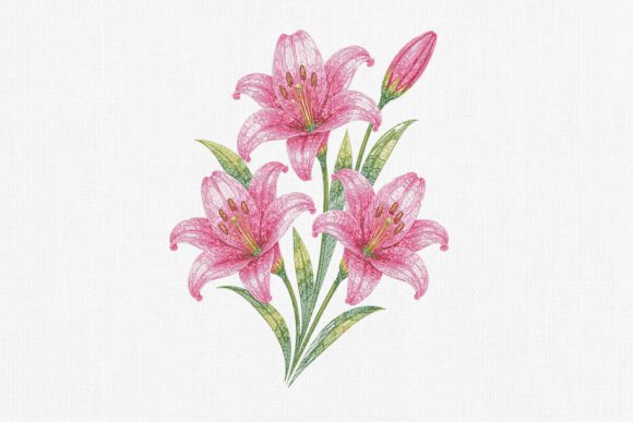 Pink Lily Flower Embroidery Design Art